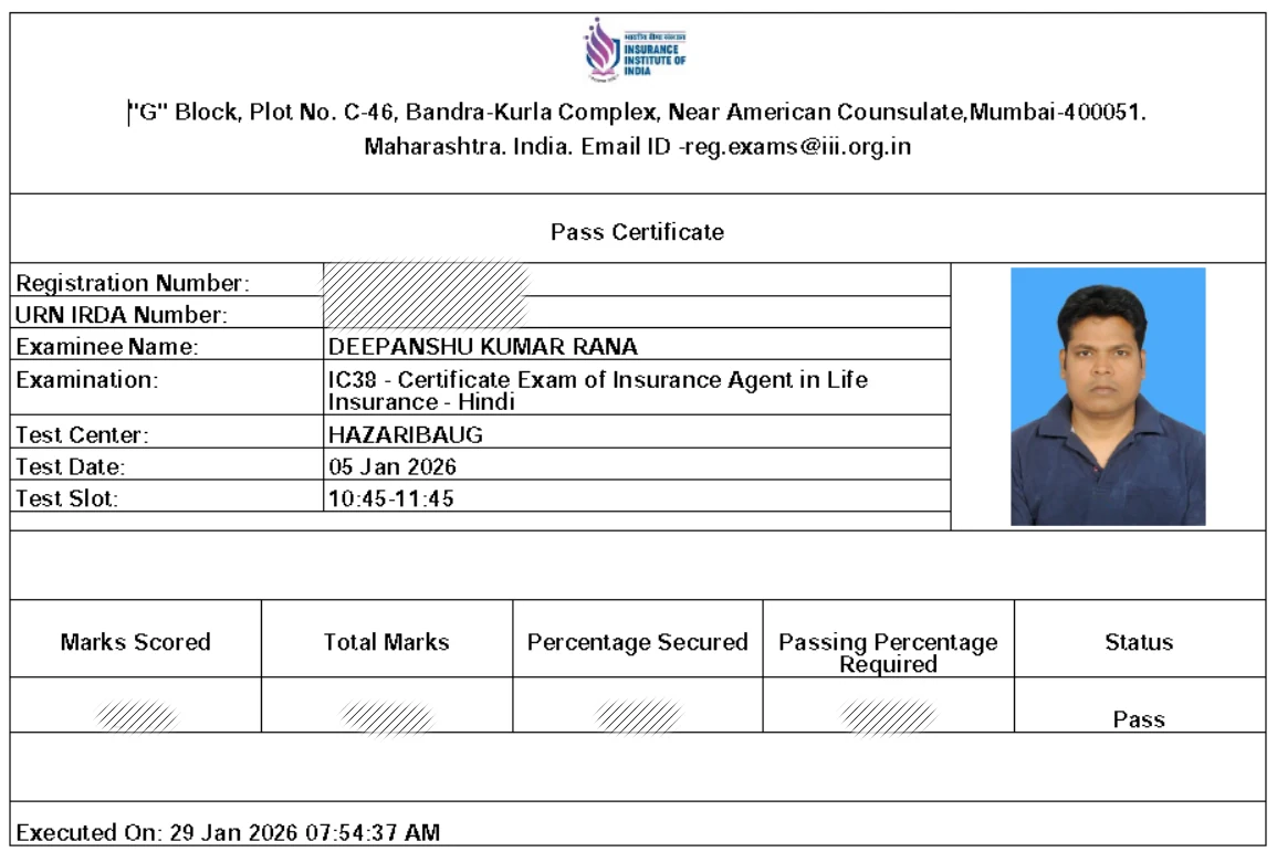 Insurance Institute of India insurance agent pass certificate