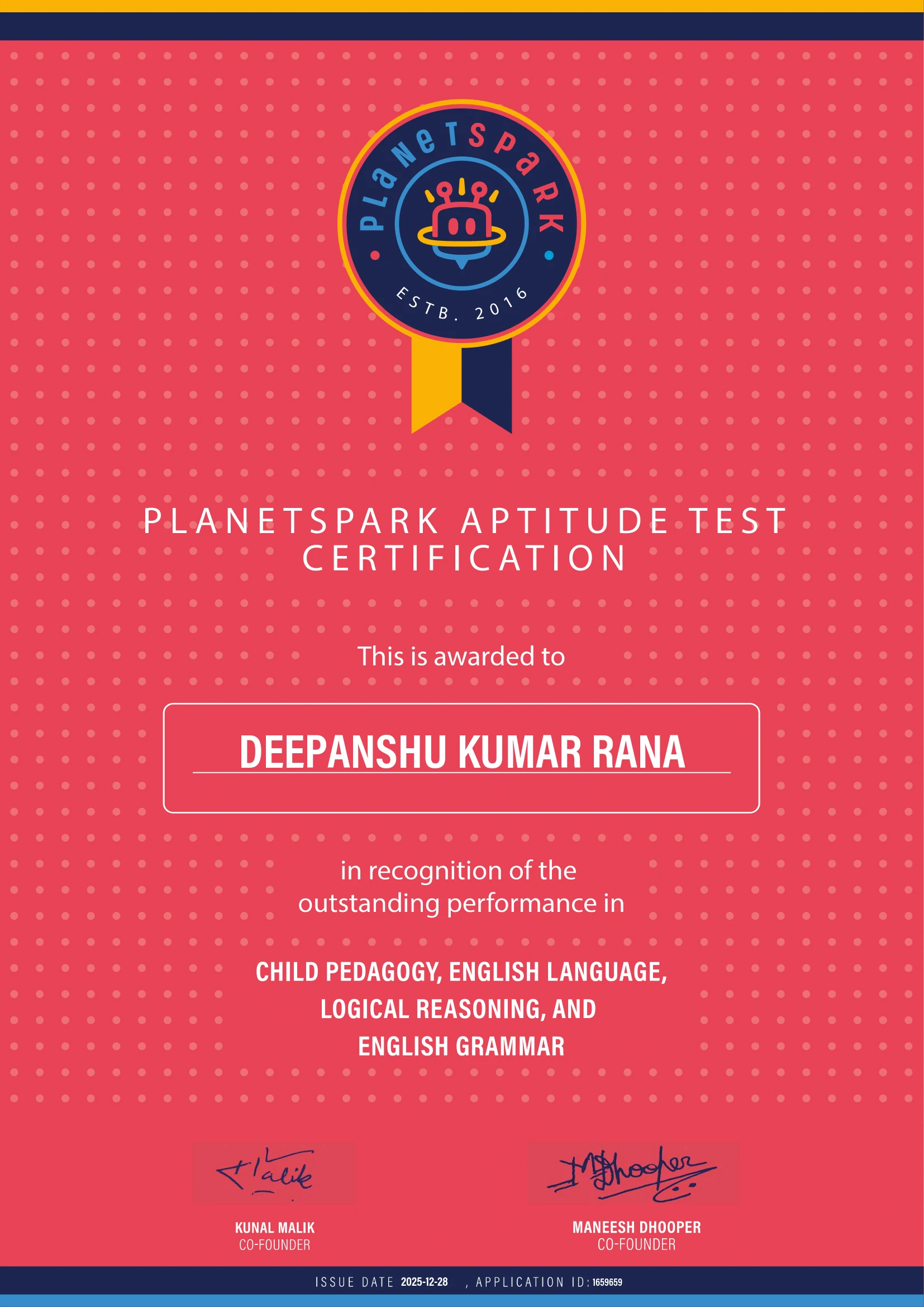 PlanetSpark Aptitude Test certificate